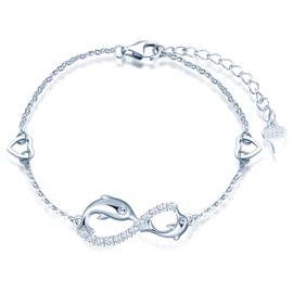 INFINIONLY Women's Bracelets, 925 Sterling Silver Bracelet, Infinity Symbol Bracelets with Dolphin, Decorated with Diamonds, Heart or Stars, Silver, Inlaid Zircon, Animal Element Bracelet, Sterling