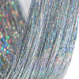 47 Inch 800 Strands Shining Silver Hair Tinsel Sparkle Hair Heat-Resistant Silk Extensions, Easy for DIY, Sparkly Hair Tinsel Strands Fairy for Children Girls Women(Shining Silver)