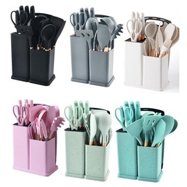 19 Pieces Kitchen Utensils and Knife Set with Block, Inldued 9 Pieces Silicone Cooking Utensils Set 5 Pieces Sharp Stainless Steel Chef Knives Scissors Whisk Tongs and Cutting Board (Black)