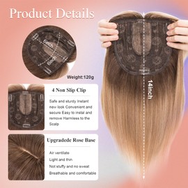S-noilite Hair Toppers with Bangs for Women with Thinning hair, Synthetic Clip in Toppers Wigs Hair Pieces 6x6 Lace Base Wiglets Hairpieces 14 inch Brown Mixed Blonde to White Highlights Hair Topper