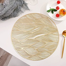 Hosoncovy 4 Pack Waves Decorative Placemats PVC Placemats Hollow Table Place Mats Heat Resistant Non-slip Dining Placemats Leaf Placemat Round Placemats for Home Kitchen (Gold)
