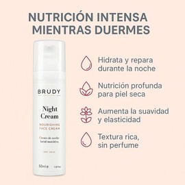 BRUDY Cosmetics Gesichtscreme für die Nacht für trockene Haut, intensive Feuchtigkeit und Ernährung mit Hyaluronsäure, Neuvachiol und Pflanzenölen – schnell einziehend, vegan, 50 ml