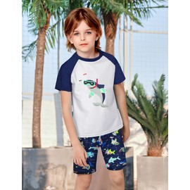 UV Shirt & Swimming Trunks Children 2-10 Years - Swimming Shirt UV & Swimming Shorts Boys Swimming Shirt Children UV Protection UPF 50+, White Shark-1
