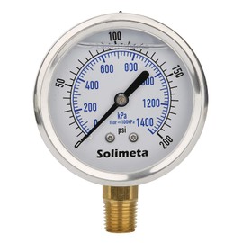 Solimeta 0-200psi Liquid Filled Pressure Gauge, 2.5" Bourdon Tube Pressure Gauge, Stainless Steel Case