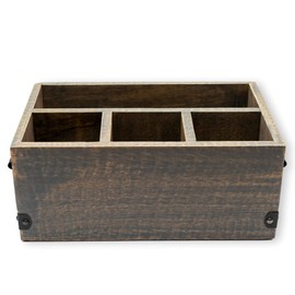 GoCraft 4 Compartment Flatware Caddy, Cutlery Utensil Holder, Silverware Condiment Organizer with Napkin Holder for Kitchen, Dining, Picnics, Grey Washed Mango Wood Caddy with Metal Handles