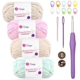 Chunky Chenille Yarn 4x50g(60m/Skein) Thick Soft Fluffy Wool Perfect for Crochet Baby Blankets with 5mm Crochet Hook, Ideal for Beginners