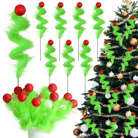 Gejoy 12 Pcs Christmas Tree Topper Red Green Curly Stems Christmas Tree Picks 12'' Furry Lime Green Christmas Tree Ornament Sprays Elf Ornament for Xmas Wreath Vase Filler Branches Decoration(Lovely)