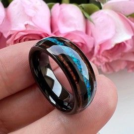 TUTISS 8mm Rose Gold Tungsten Rings for Men Women Engagement Wedding Bands Koa Wood Genuine Green Opal Inlay I Love You Engraved Comfort Fit Size 12.5
