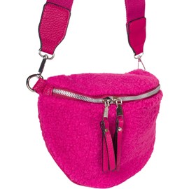 styleBREAKER 02012403 Women's Teddy Fur Half Moon Crossbody Shoulder Bags Plain Adjustable Shoulder Strap, magenta