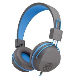 Auriculares supraaurales con cable para niños JLab JBuddies Studio, aptos para niños pequeños, con control de volumen, limitador de volumen, plegables, ajustables, con aislamiento de ruido y micrófono (grafito/azul)