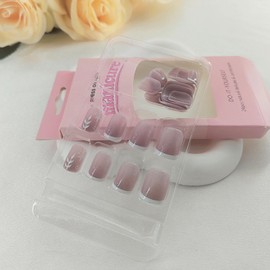 Press on Nails Short Square White French Tip Fake Nails Press ons with Glitter Leaves Designs Acrylic Nails Glossy Glue on Nails Light Purple Full Cover Stick on Nails for Women 24 Pcs