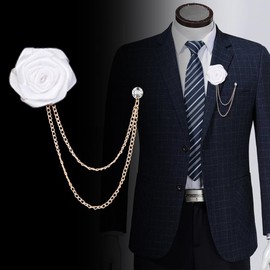 Rose Flower Pin Brooch for Men Long Chain Fringe Lapel Pin Fabric Boutonniere Pins Enhance Image Dress Accessories Groomsman Wedding Suit Accessories (White Flowers Gold Chain)