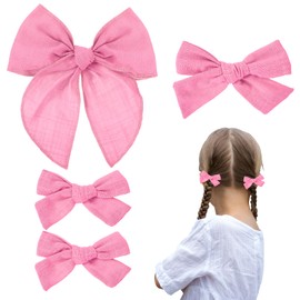 4 Pcs Pink Hair Bow, Cotton Linen Hair Bows, Girls Bows for Hair, Toddler Hair Bows for Girls Hair Accessories, Alligator Clips Knot Hair Bows for Girls, Light Pink Bow, 3 Styles & 3 Sizes