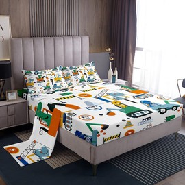 Erosebridal Dinosaur Excavator Sheet Set Full,Cartoon Dino Construction Truck Bed Sheets Set Car Vehicle Tractor Sheets,Cute Animal Flat Fitted Sheet Kawaii Room Decor