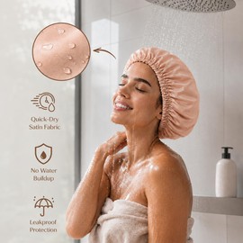 Satin Lined Shower Cap for Women, Large Reusable Waterproof Bath Hair Cap, Silk Sleep Bonnet for Curly Hair & Braids, Hair Cover for Shower & Sleeping