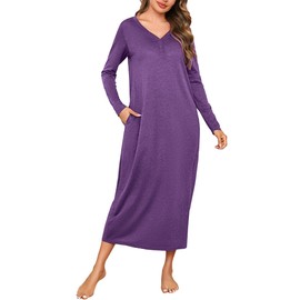 Leversic Women Long Sleeve Nighties Ankle Length Long Nightgown Cotton Button V-neck Long Nightdresses Plus Size Nightshirt With Pockets(Purple,M)