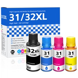 Ksuellpwr 31 32XL Ink Bottle Set Refill 4 Pack Replacement for HP 31 Ink Bottle Set & 32XL Black Ink Bottle for Smart Tank 5000 7602 6001 5101 5103 7301 5102 Plus 651 551 Ink Refill (Black, CMY)