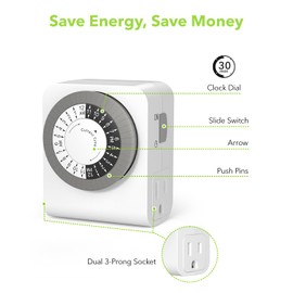 BN-LINK Timer Outlet with 2 Grounded Outlets, Mechanical Light Timers for Electrical Outlets Indoor, 24-Hour 3-Prong Timer Outlet for Lamp, Indoor Lighting and Christmas Lights, 15A/1875W, 2 Pack