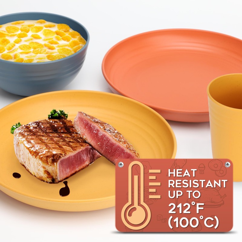 HOTEC 24-Pack Unbreakable Kitchen Plastic Wheat Straw Dinnerware Set –