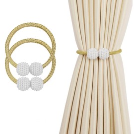 Magnetic Curtain Tiebacks (2 Pack) Pearl Ball Curtain Magnetic TieBacks Weave Rope Drape Tie Backs for Home, Office, Hotel Window Decorative, golden