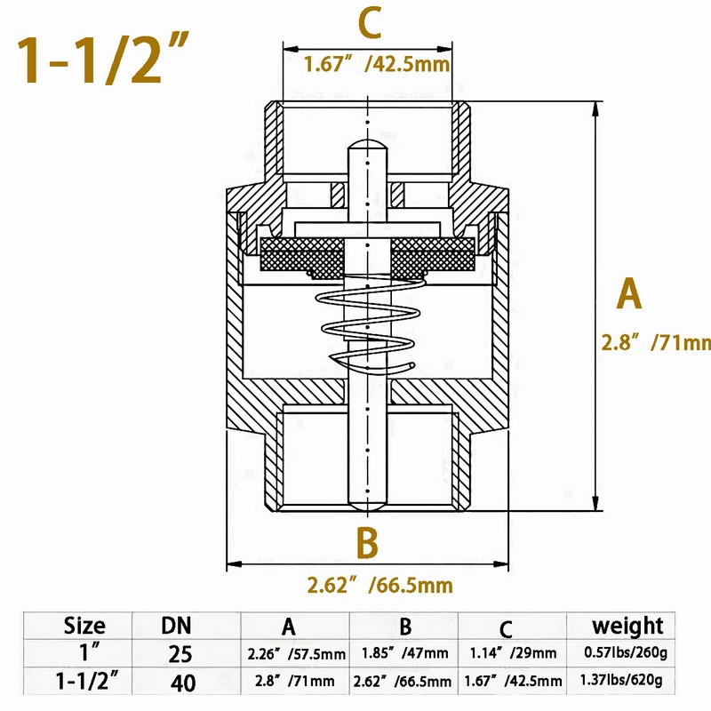 Brass 1-1/2" Female Check Valve, Spring-Loaded Quiet Check Valves Prevents