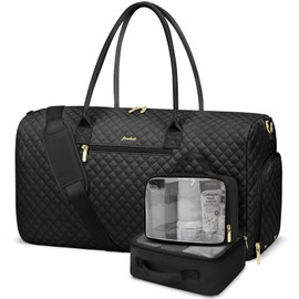 Weekender Travel Duffle Bag for Women: Overnight Bags with Shoe Compartment Carry on Bags for Airplanes with 2 PCS Toiletry Bag Hospital Yoga Gym with Wet Pocket Travel Duffel Tote Bag Black