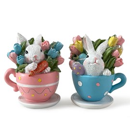 Hodao Easter Bunny Decorations Spring Easter Egg/Cup Bunny Indoor Home Decor Farmhouse Country Style Flowers Bunny Figurines (2pcs Teacup Rabbit Color 1)