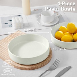 E-far Pasta Bowls Set of 4, 35oz Ceramic Large Salad Bowl Plates for Serving Soup Dinner, Shallow Stoneware Pasta Plate, Microwave & Dishwasher Safe, Speckled White