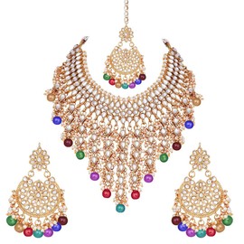 Aheli elegante indio ropa de boda falsa Kundan collar de gargantilla tachonada con Maang Tikka Set joyería de moda étnica para mujeres (Multi Kundan y Pearl Drop)