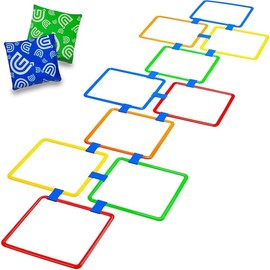 Hopscotch Squares Set with 2 Premium Beanbags Giant Sized 15 Inch Squares with 15 Connectors for Indoor/Outdoor Portable Fun Conditioning Agility Training - Color: Blue