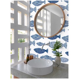 HAOKHOME 96040-1 Peel and Stick Wallpaper Abstract Underwater World Fish Trellis Indigo Blue Removable contactpaper for Home Bathroom Decorations 17.7in x 118in