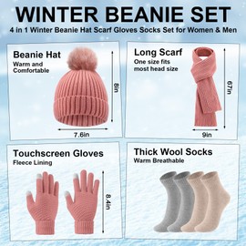 SATINIOR 5 Pieces Winter Beanie Hat Scarf Touchscreen Gloves and Thick Socks Set Knit Fleece Lined Warmer for Men and Women(Pink,Pompom)