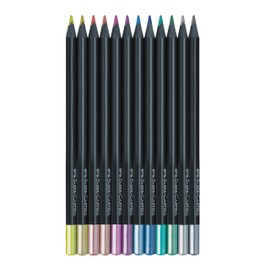 Faber-Castell Black Edition Metallic Colored Pencils: 12 Count, Black Wood and Super Soft Core Lead Colored Pencil Set, Metallic Colored Pencils, Coloring Pencils for Kids, Beginners, and Artists