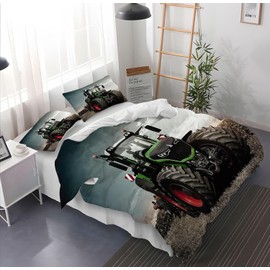 Tractor Bed Linen Set, 3D Print Tractor Pattern Children's Bed Linen, Microfibre Duvet Covers 3-Piece with Zip Closure, for Children, Teenagers, Boys (Tractor 6, 135 x 200 cm)