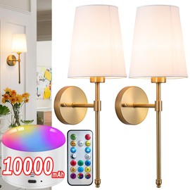 YHCDLAMP Battery Operated Wall Sconce Set of 2, Rechargeable Wall Sconce with 10000mAh Bulb and Remote, Up to 50 Hrs Use, RGB Dimmable Wireless Wall Lights for Living Room Bedroom Hallway