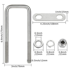 4 Pack Square U-Bolts 2-1/16" W x 6-5/16" L, 304 Stainless Steel U Bolts M12 with Washers & Nuts for Replacement Parts and Accessories for Ski Boat, Fishing Boat or Sailboat Trailer