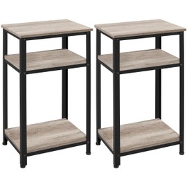 Yaheetech Tall End Table Set of 2, 18x14x29.5 inch Industrial Side Table with Strong Wooden Shelves, 2PCS Slim 3-Tier Telephone Table with Metal Frame for Living Room, Small Places - Gray