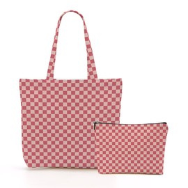 Red Checkered Canvas Tote Bag Shopping Bag Reusable Grocery Bags with Pocket Makeup Bag Set for Work Travel Vacation Aesthetic Gifts for Women Girls Friends Sister Birthday Anniversary Appreciation