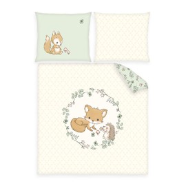 Herding Forest Friends Fox Crib Bedding Set, Pillowcase 35 x 40 cm with Envelope Closure, Duvet Cover 80 x 80 cm with Envelope Closure, Cotton/Renforcé, Beige/Green