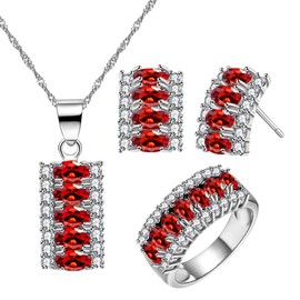 Uloveido Ladies Simulated Ruby Necklace/Stud Earrings/Ring Rhinestone Crystal Party Jewellery Set for Engagement Wedding T502 (Red,Size O)