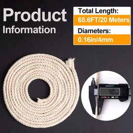 OIIKI 65.6 Ft 1/8''(4 mm) Oil Lamp Wicks, Braided Round Cotton Kerosene Lamp Wick, Braided Candle Replacement Wicks for Oil Lantern, DIY Candle, Kerosene Lamps, Alcohol Candle