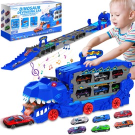 Dinosaurier Transport Truck Auto Spielzeug, tragbare Dinosaurier Rennstrecke Truck Spielzeug mit 6 Rennwagen, Dinosaurier Transporter Spielzeug ab 3, 4, 5, 6,7,8 Jahre Junge