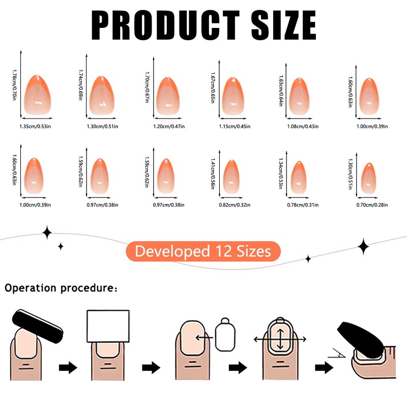 OFDNE Press on Nails Short Almond Orange French Tip False