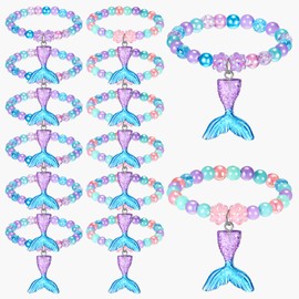 Ecally 12 Pcs Party Favors Bracelet Bulk Beaded Bracelet Gift Party Supplies Pendant Accessories Decorations for Kids Girl (Mermaid)