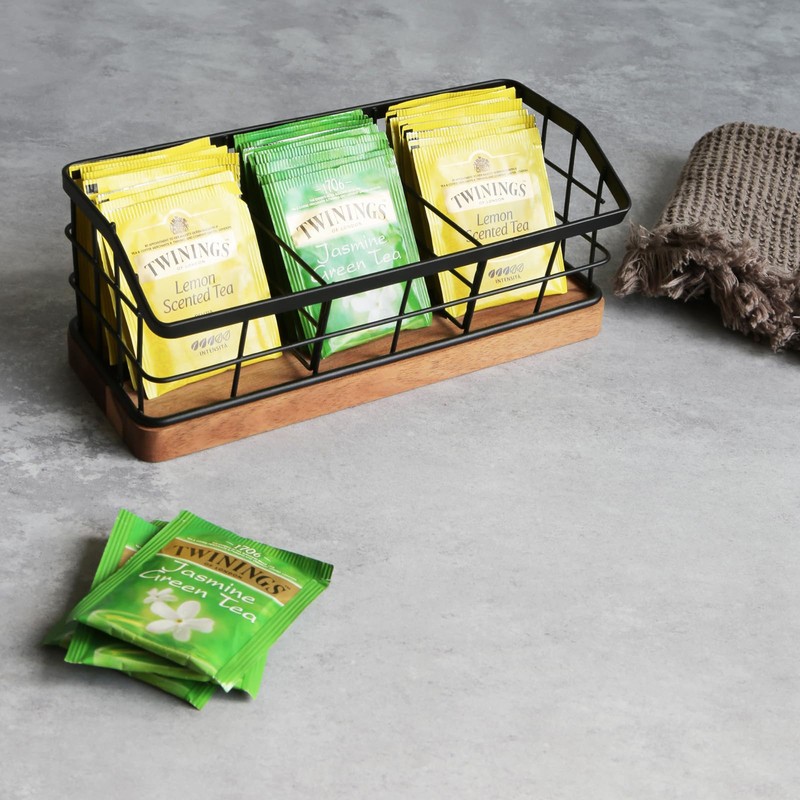 WILDMOS Tea Bag Organizer,Iron Wire Basket with Wooden Base.Tea Storage