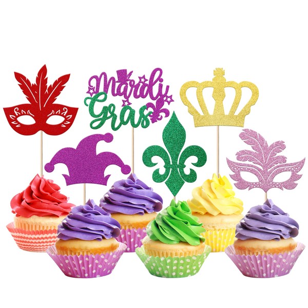Paquete de 36 decoraciones para cupcakes de Mardi Gras, con purpurina, sombrero, corona, cupcakes, fiesta de Mardi Gras, baby shower, cumpleaños, decoración de tartas, suministros de fiesta, coloridos