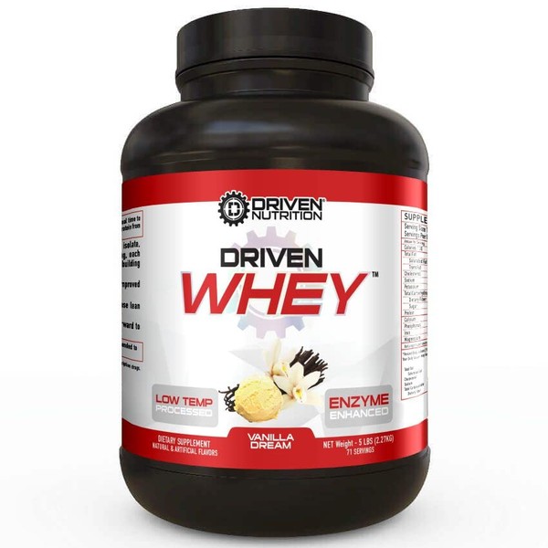 Driven WHEY- Grass Fed Whey Protein Powder: Delicious, Clean Protein Shake- Improve Muscle Recovery with 23 Grams of Protein with Added BCAA and Digestive Enzymes (Vanilla Dream, 5 lb)