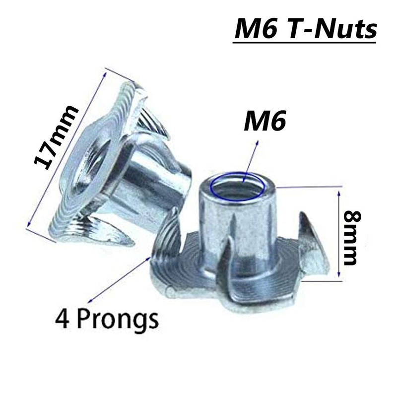 Bestgle 100pcs M6 T-Nuts 4 Pronged Zinc Plated Tee Nuts