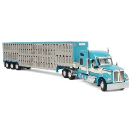 DCP Kenworth W990 with Wilson Silverstar Livestock Quad-Axle Trailer 1/64 Scale Diecast Metal Truck, Turquoise & Cream, Ages 14+