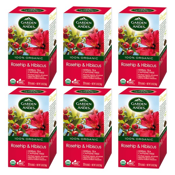 Garden of the Andes Herbal Organic Decaf Rosehip and Hibiscus Hot Tea Bags, 0.9 oz, 20 Count, (Pack of 6)